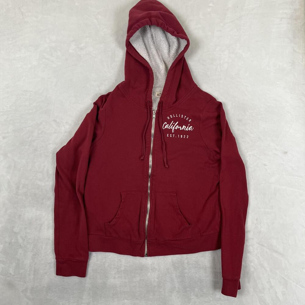 Hollister Hoodie Womens Large Red Sherpa Full Zip Sweatshirt California 1922 Y2K
